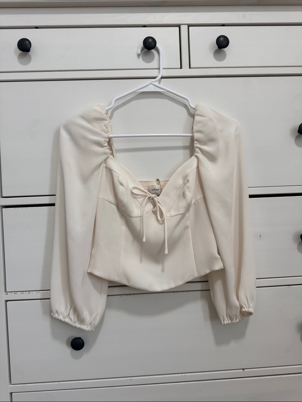 Aritzia Women's White/Cream Peasant-Sleeve Lace Up Top